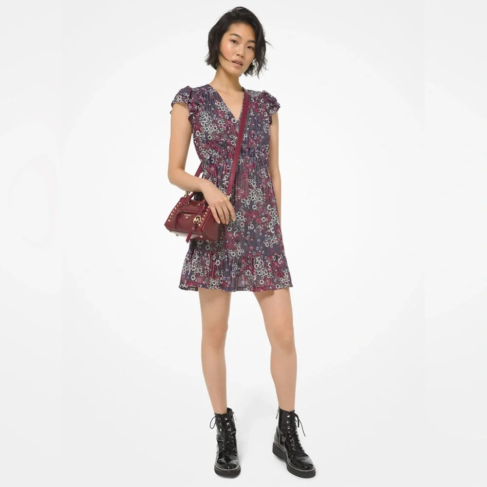 Michael Kors Dress 0X plus NWT Floral black purple pink designer V-Neck - Picture 1 of 10